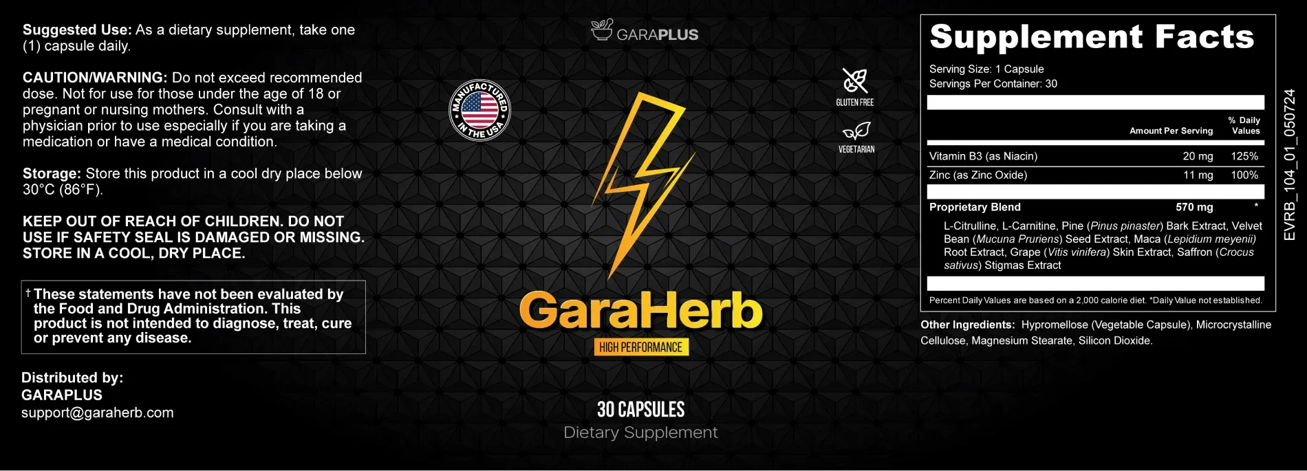GaraHerb supplement label showing ingredients